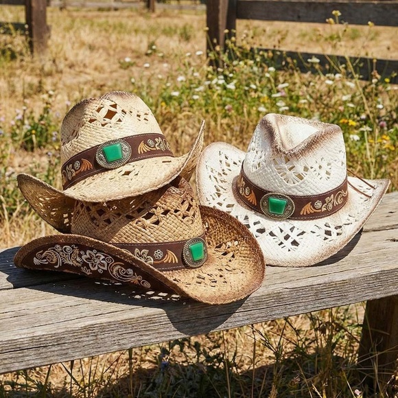 Concho Embellished Floral Embroidery Band Vintage Western Straw Cowboy Hat